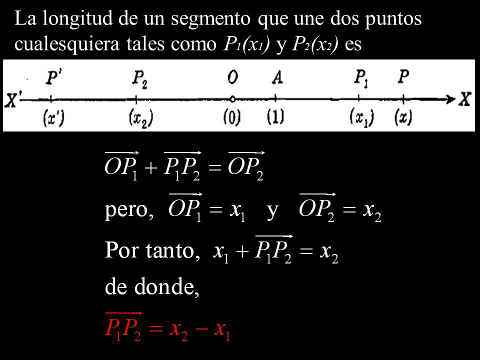 La longitud de un segmento que une dos puntos cualesquiera tales como P1(x1) y P2(x2) es