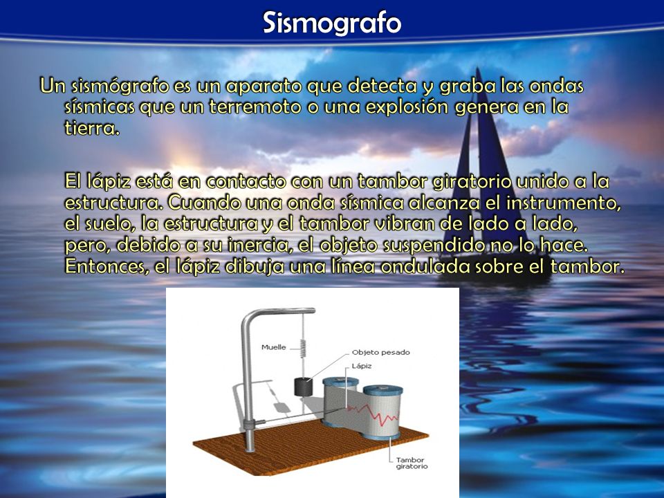 Sismografo Un sismógrafo es un aparato que detecta y graba las ondas sísmicas que un terremoto o una explosión genera en la tierra.
