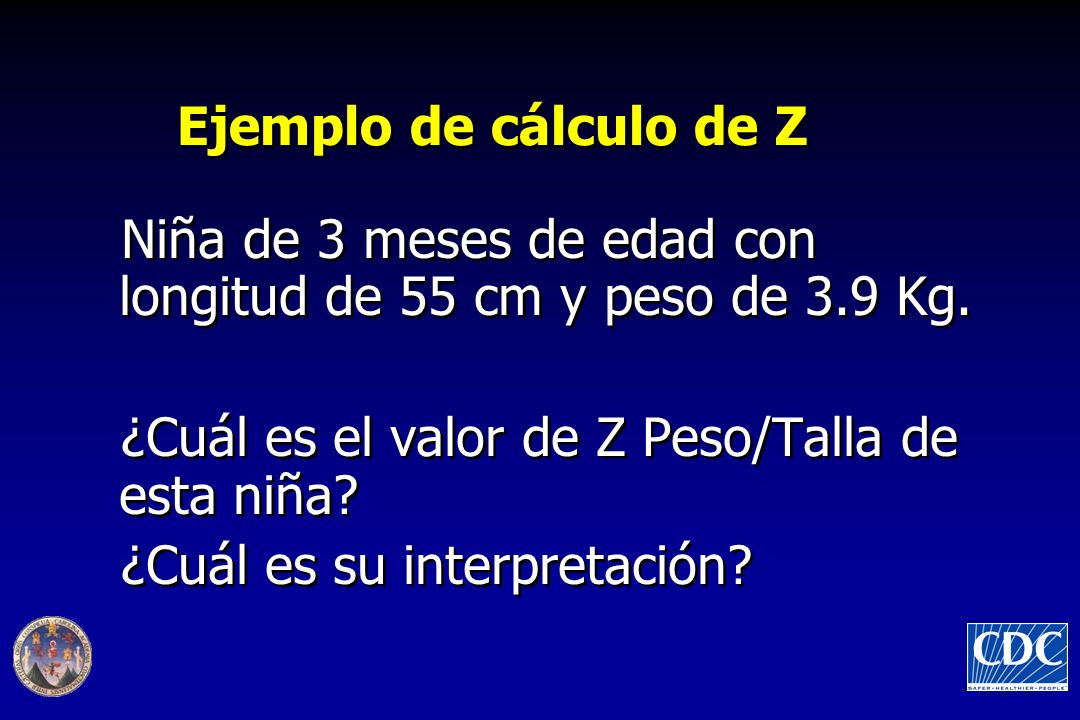 Ejemplo de cálculo de Z Niña de 3 meses de edad con longitud de 55 cm y peso de 3.9 Kg. ¿Cuál es el valor de Z Peso/Talla de esta niña