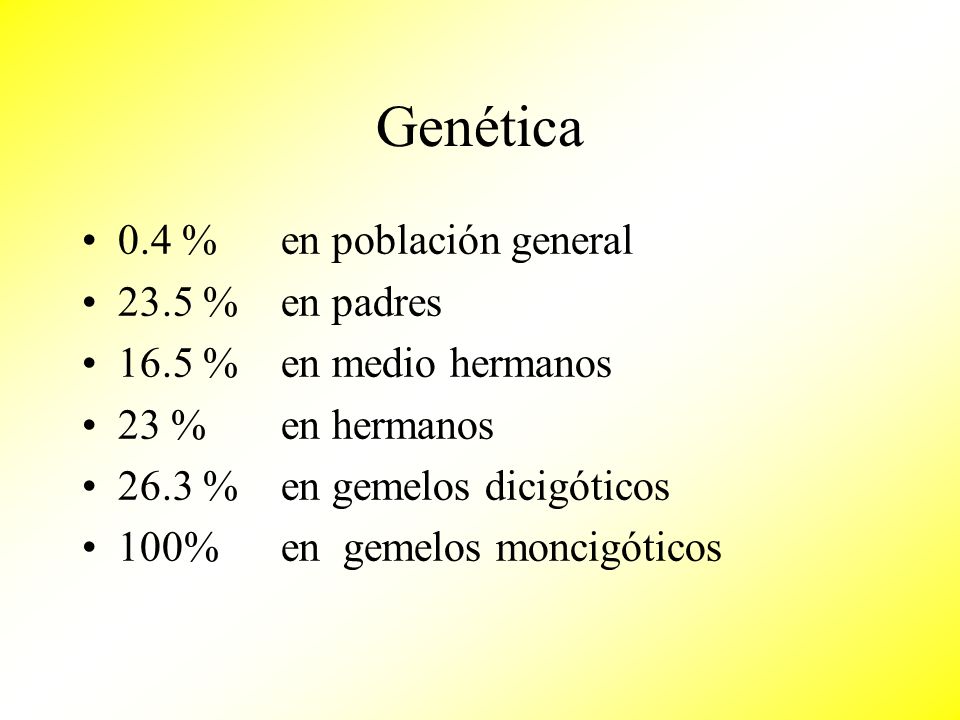 Genética 0.4 % en población general 23.5 % en padres