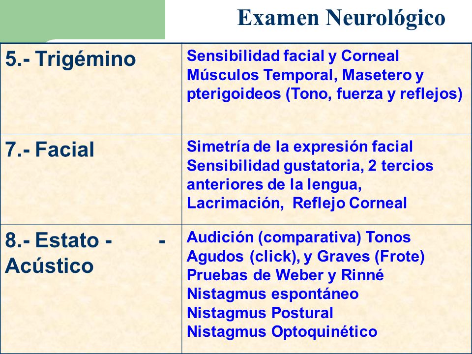 Examen Neurológico 5.- Trigémino 7.- Facial 8.- Estato - - Acústico