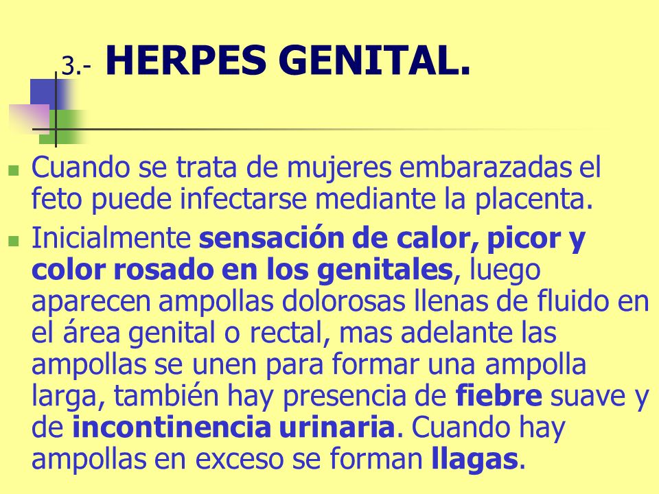 3.- HERPES GENITAL. Cuando se trata de mujeres embarazadas el feto puede infectarse mediante la placenta.
