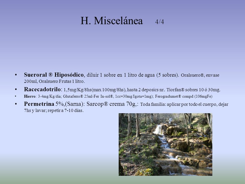 H. Miscelánea 4/4 Sueroral ® Hiposódico, diluir 1 sobre en 1 litro de agua (5 sobres). Oralsuero®, envase 200ml, Oralsuero Frutas 1 litro.