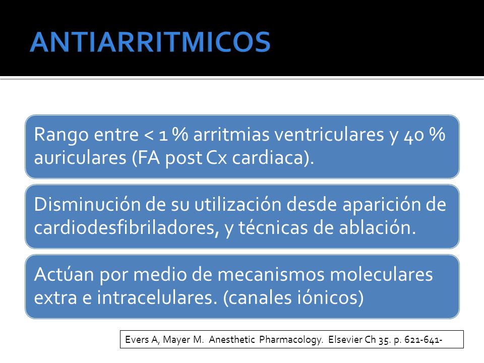 ANTIARRITMICOS Rango entre < 1 % arritmias ventriculares y 40 % auriculares (FA post Cx cardiaca).