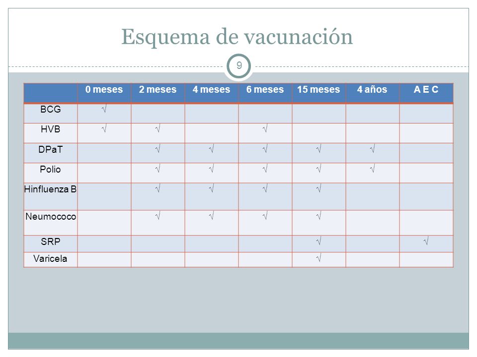 Esquema de vacunación 9 0 meses 2 meses 4 meses 6 meses 15 meses