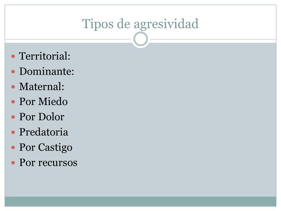 Tipos de agresividad Territorial: Dominante: Maternal: Por Miedo