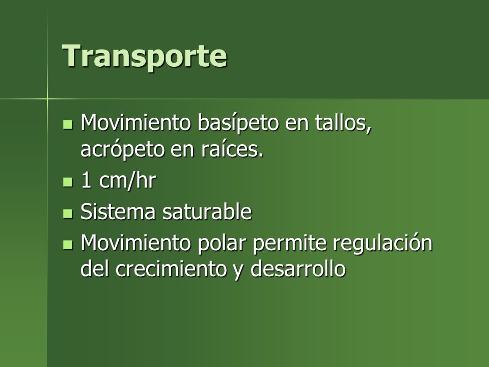 Transporte Movimiento basípeto en tallos, acrópeto en raíces. 1 cm/hr