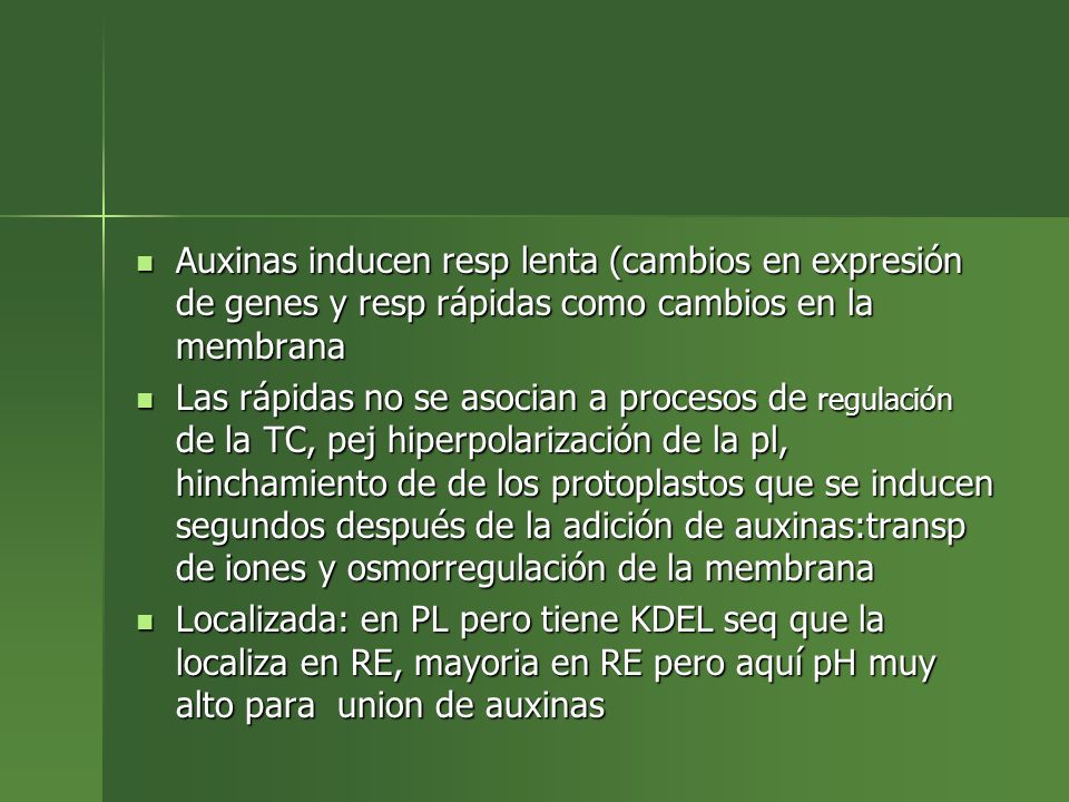 Auxinas inducen resp lenta (cambios en expresión de genes y resp rápidas como cambios en la membrana