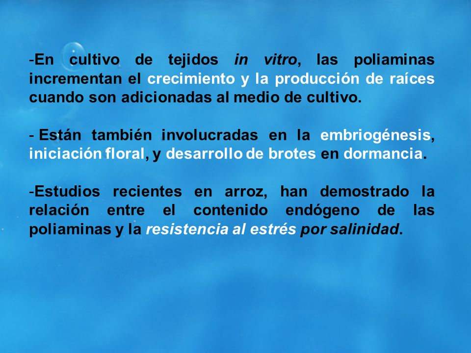 En cultivo de tejidos in vitro, las poliaminas incrementan el crecimiento y la producción de raíces cuando son adicionadas al medio de cultivo.