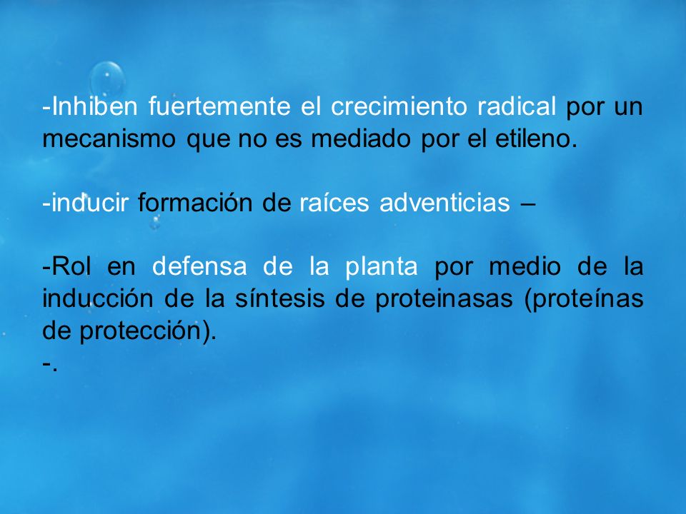 Inhiben fuertemente el crecimiento radical por un mecanismo que no es mediado por el etileno.