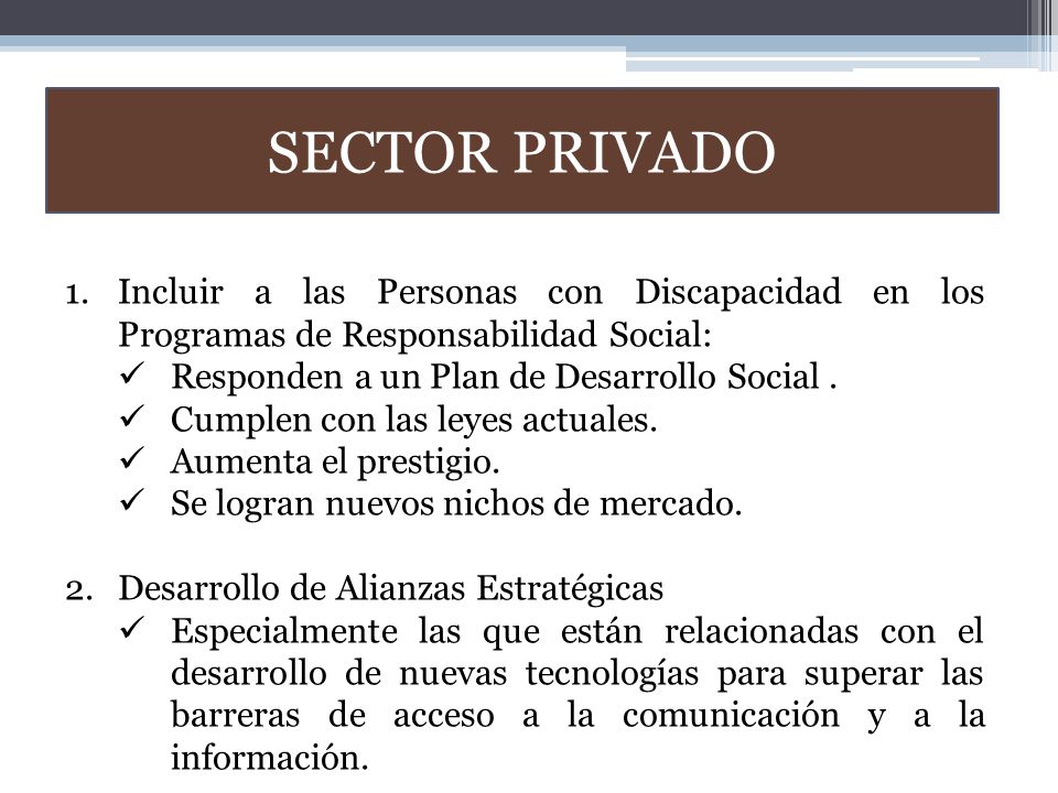 SECTOR PRIVADO Incluir a las Personas con Discapacidad en los Programas de Responsabilidad Social: Responden a un Plan de Desarrollo Social .