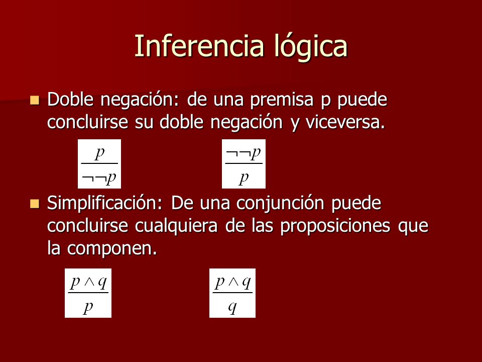 Inferencia lógica Doble negación: de una premisa p puede concluirse su doble negación y viceversa.