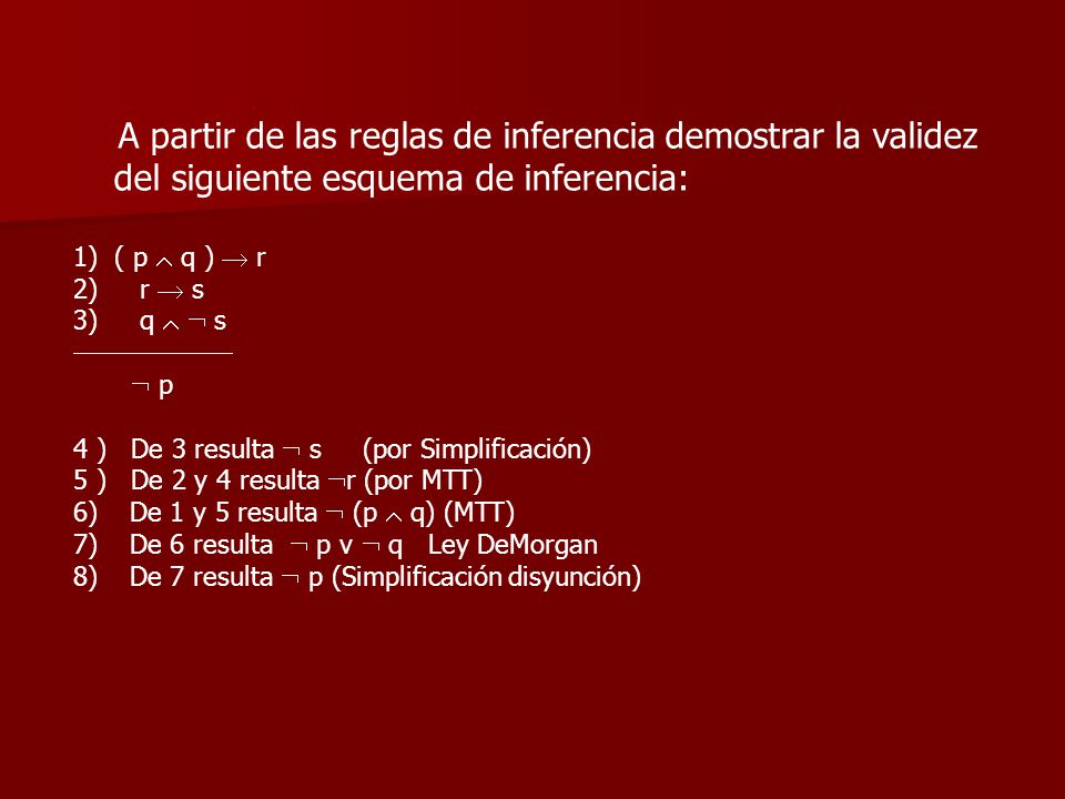 A partir de las reglas de inferencia demostrar la validez del siguiente esquema de inferencia: