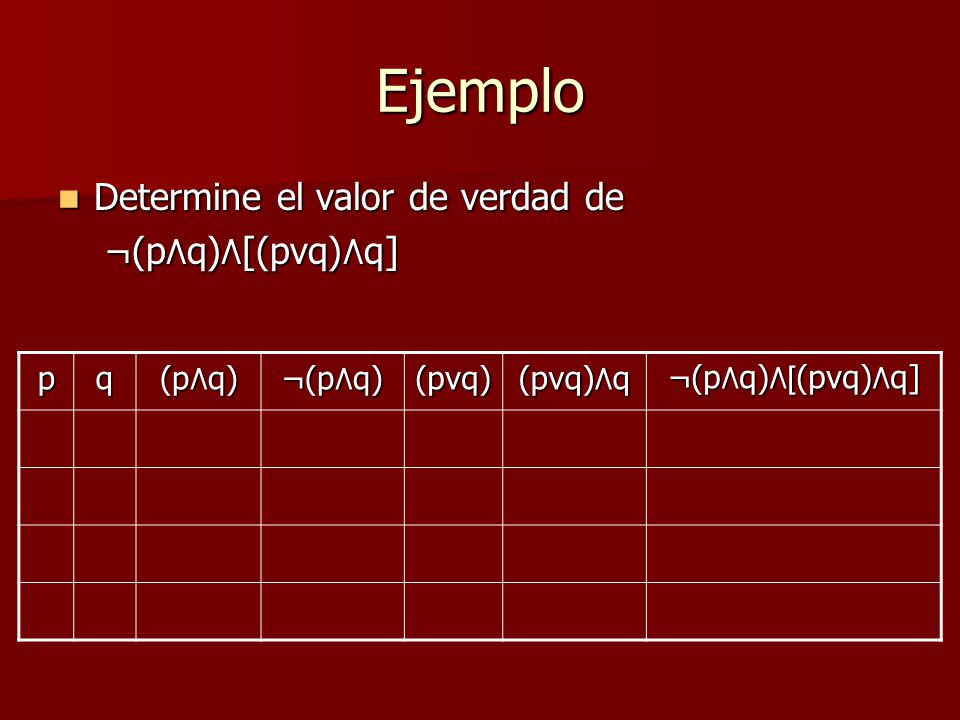 Ejemplo Determine el valor de verdad de ¬(p٨q)٨[(pvq)٨q] p q (p٨q)