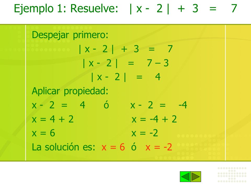Ejemplo 1: Resuelve: | x - 2 | + 3 = 7