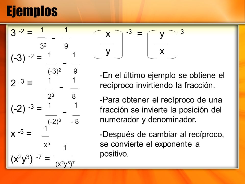 Ejemplos 3 -2 = (-3) -2 = 2 -3 = (-2) -3 = x -5 = (x2y3) -7 = x -3 = y