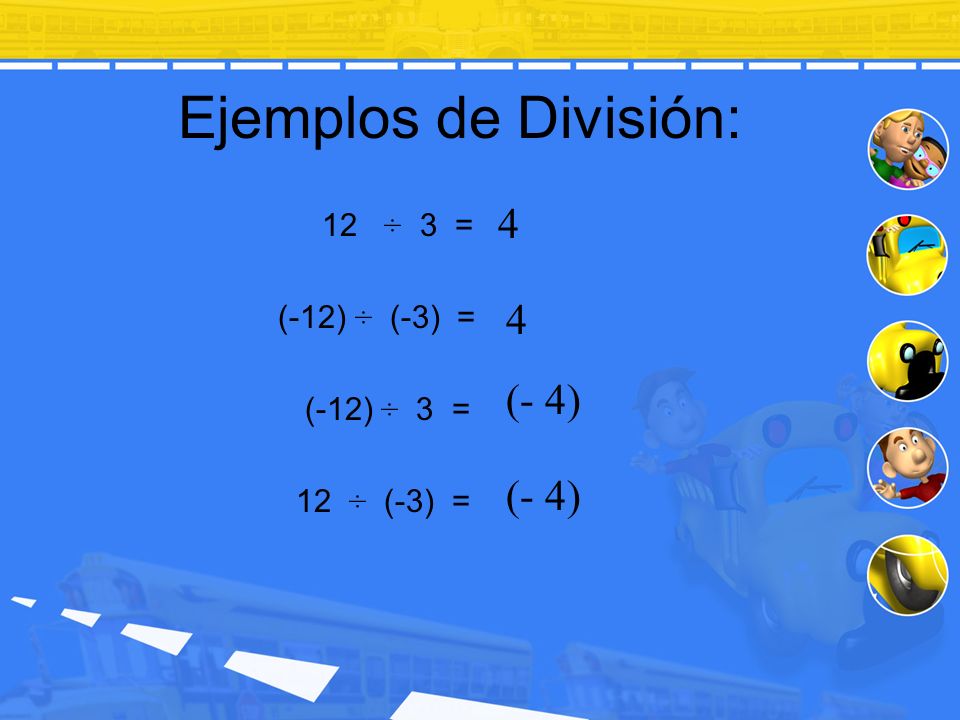 Ejemplos de División: 4 4 (- 4) (- 4) 12 ÷ 3 = (-12) ÷ (-3) =