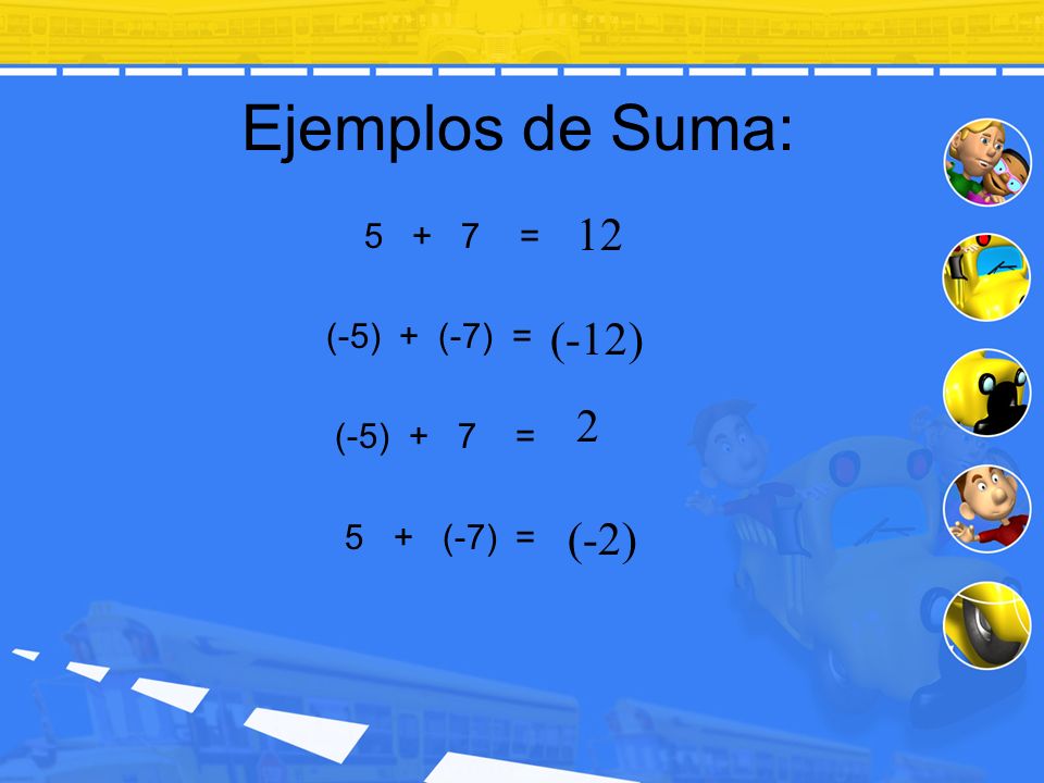 Ejemplos de Suma: 12 (-12) 2 (-2) = (-5) + (-7) = (-5) + 7 =