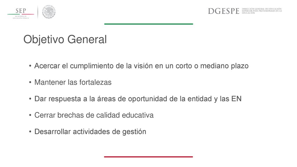 Objetivo General Acercar el cumplimiento de la visión en un corto o mediano plazo. Mantener las fortalezas.