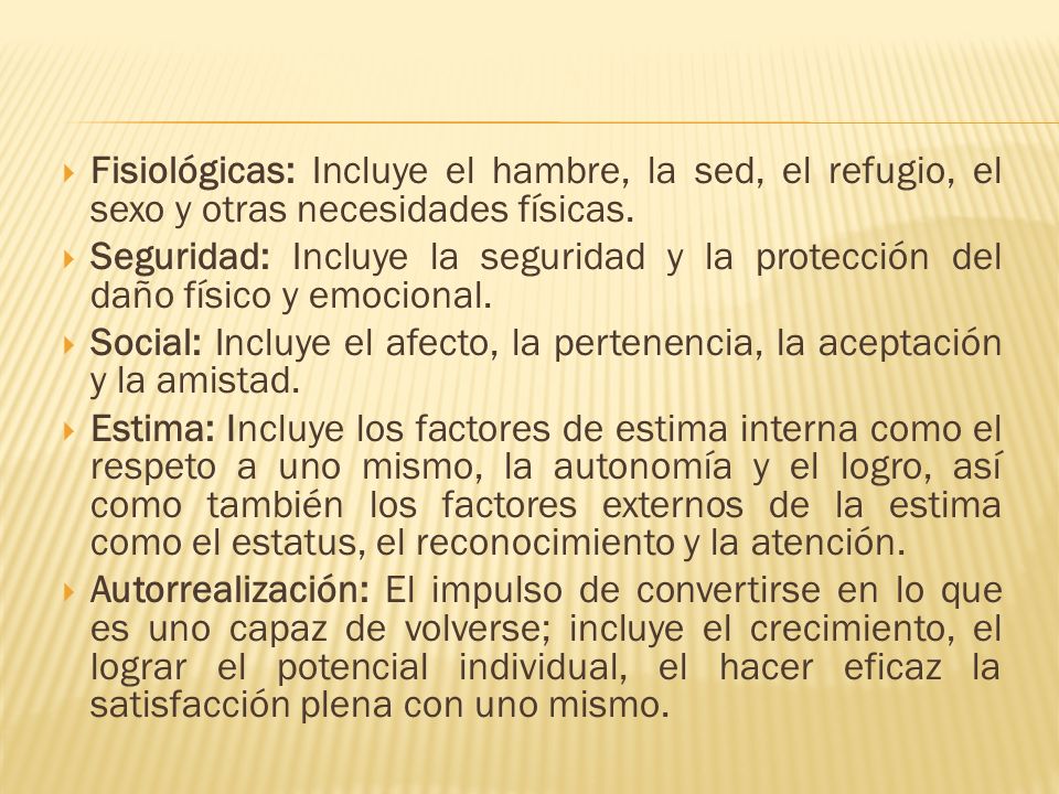 Fisiológicas: Incluye el hambre, la sed, el refugio, el sexo y otras necesidades físicas.
