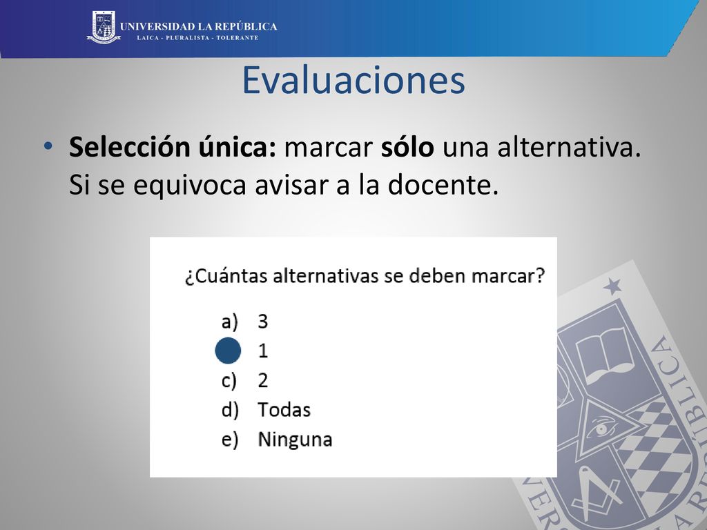 Evaluaciones Selección única: marcar sólo una alternativa. Si se equivoca avisar a la docente.