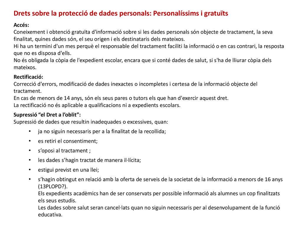 Drets sobre la protecció de dades personals: Personalíssims i gratuïts