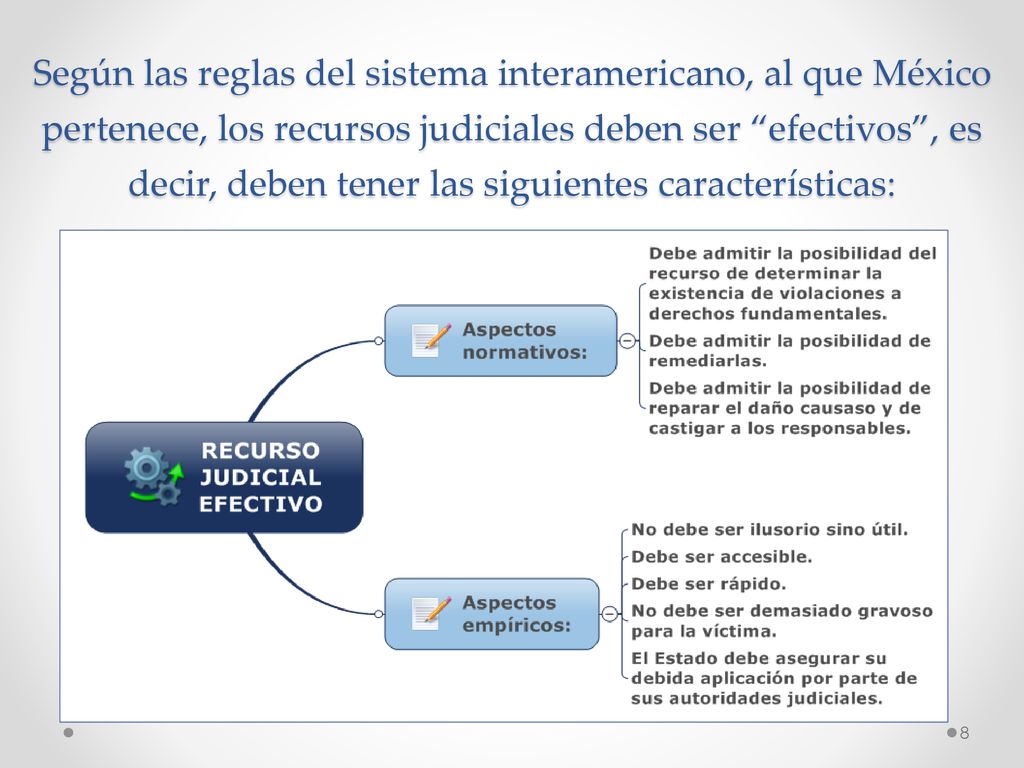 Según las reglas del sistema interamericano, al que México pertenece, los recursos judiciales deben ser efectivos , es decir, deben tener las siguientes características: