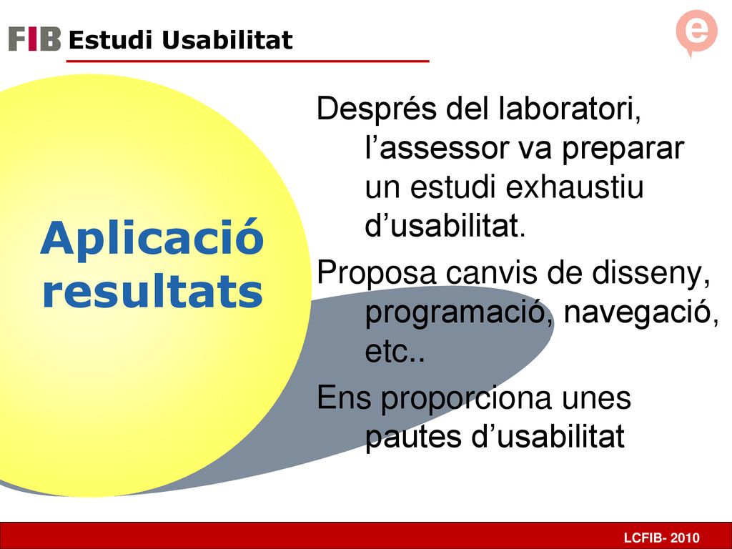 Estudi Usabilitat Després del laboratori, l’assessor va preparar un estudi exhaustiu d’usabilitat.