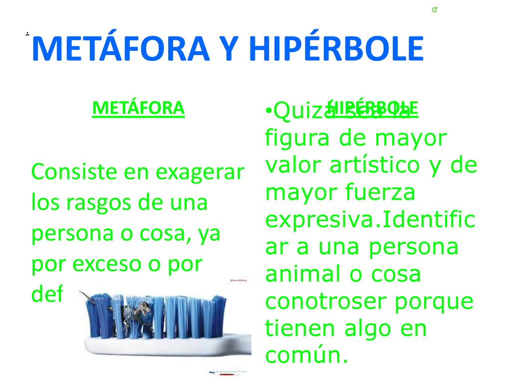 METÁFORA Y HIPÉRBOLE . METÁFORA. HIPÉRBOLE. Consiste en exagerar los rasgos de una persona o cosa, ya por exceso o por defecto.