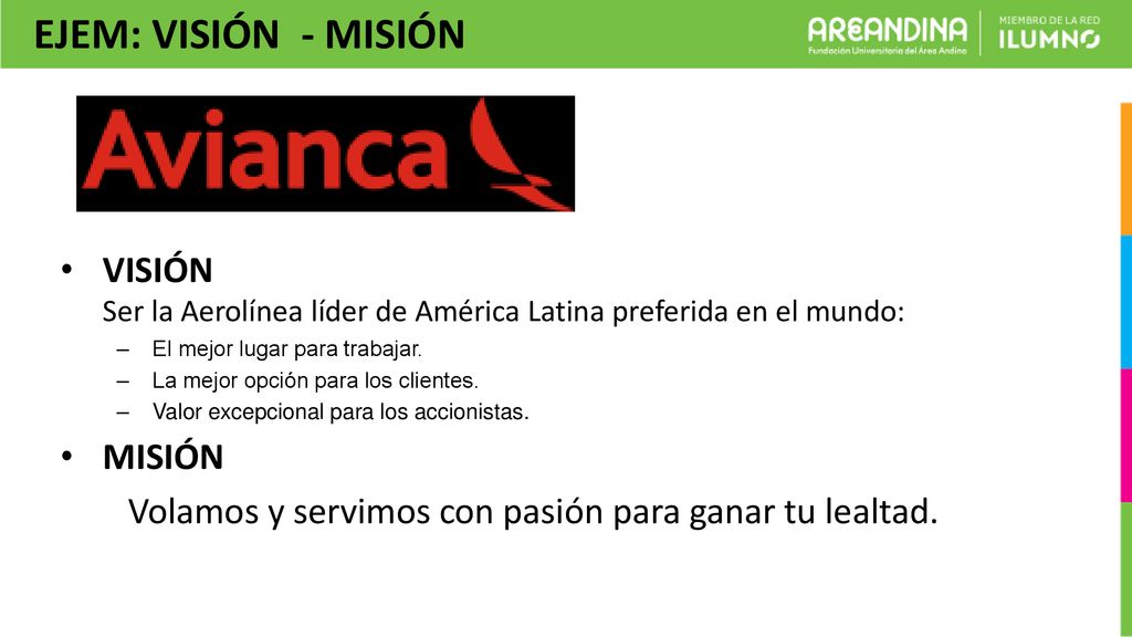EJEM: VISIÓN - MISIÓN VISIÓN Ser la Aerolínea líder de América Latina preferida en e​l mun​do: El mejor lugar para t​rabajar.
