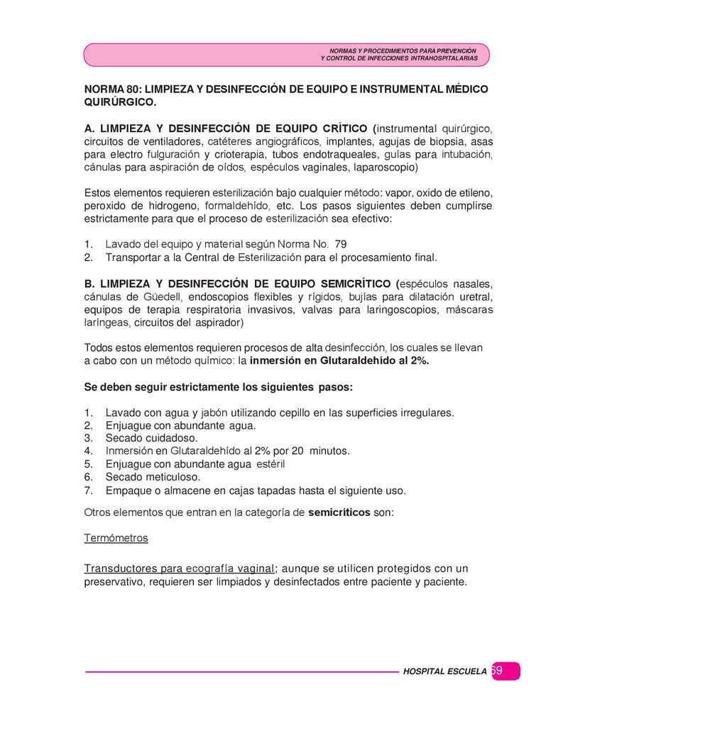 Lavado del equipo y material según Norma No. 79