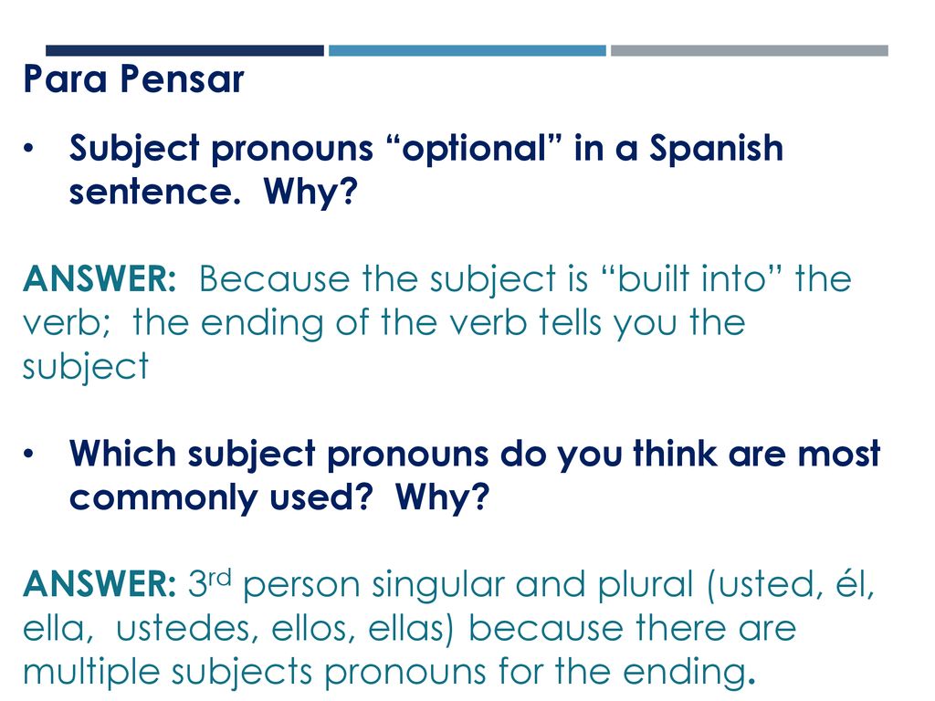Para Pensar Subject pronouns optional in a Spanish sentence. Why