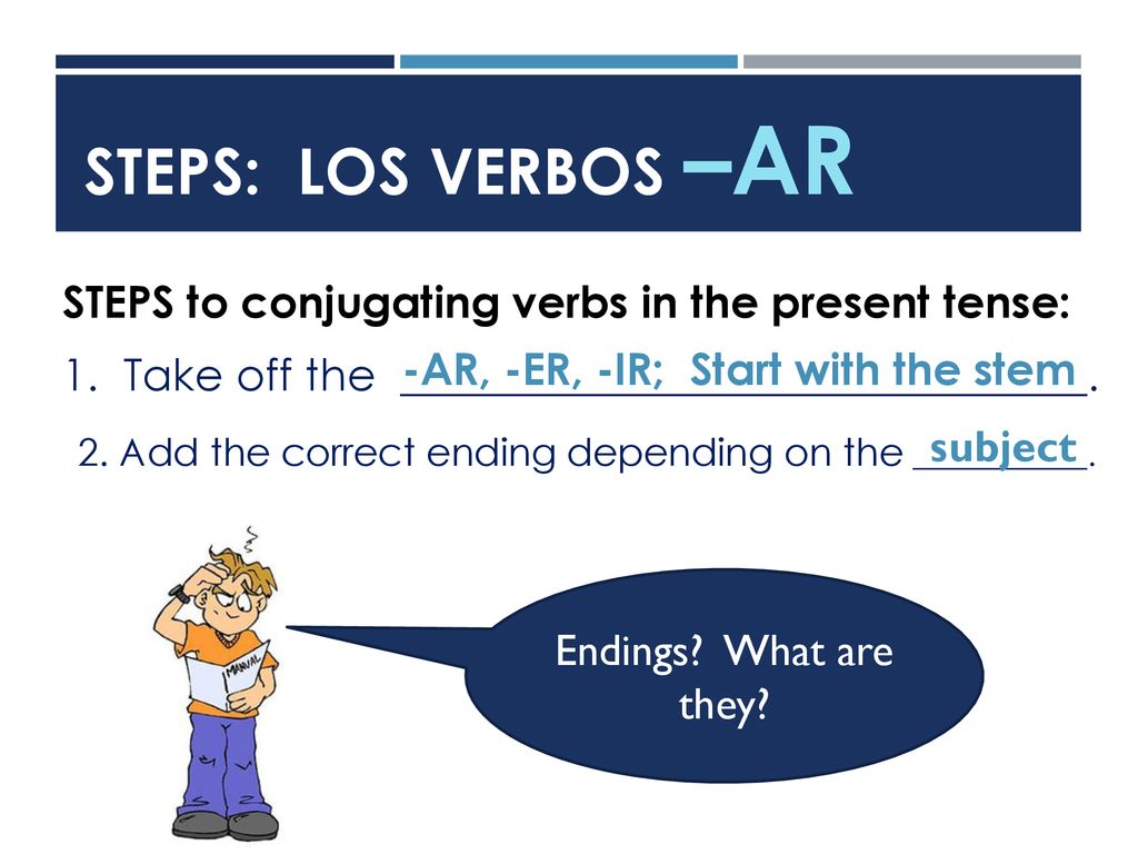 Steps: Los verbos –AR STEPS to conjugating verbs in the present tense: