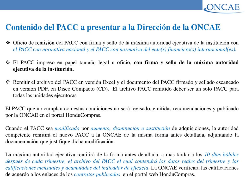 Contenido del PACC a presentar a la Dirección de la ONCAE