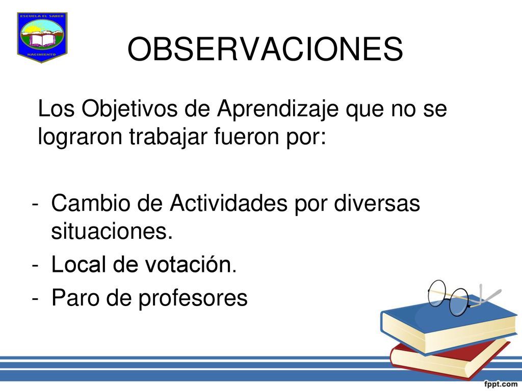 OBSERVACIONES Los Objetivos de Aprendizaje que no se lograron trabajar fueron por: Cambio de Actividades por diversas situaciones.