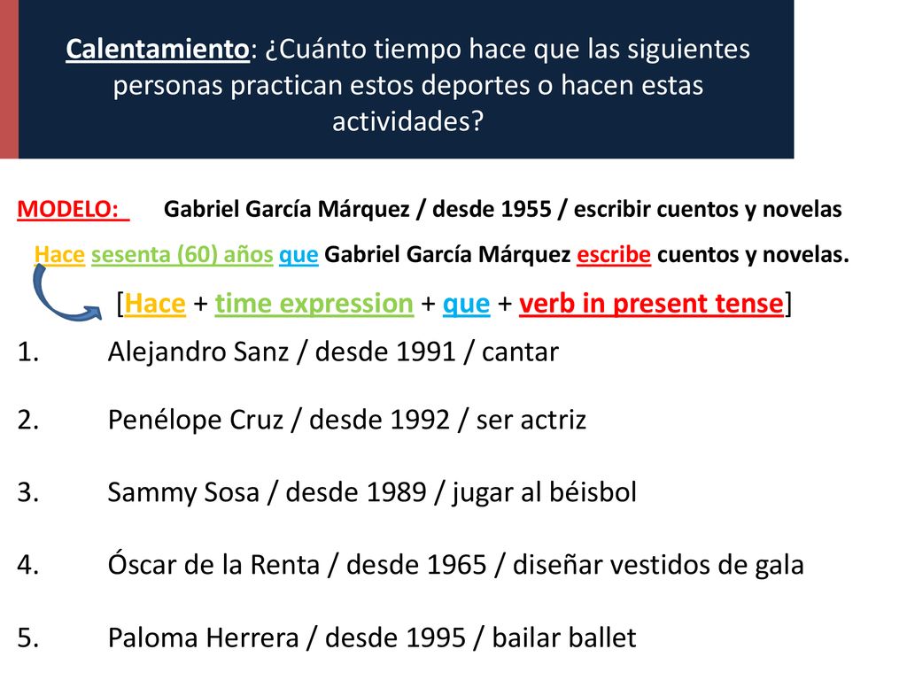 [Hace + time expression + que + verb in present tense]