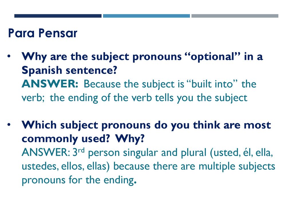 Para Pensar Why are the subject pronouns optional in a Spanish sentence