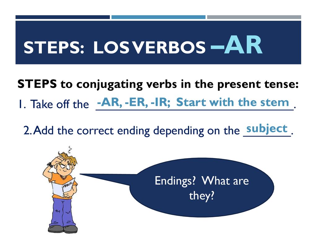 Steps: Los verbos –AR STEPS to conjugating verbs in the present tense: