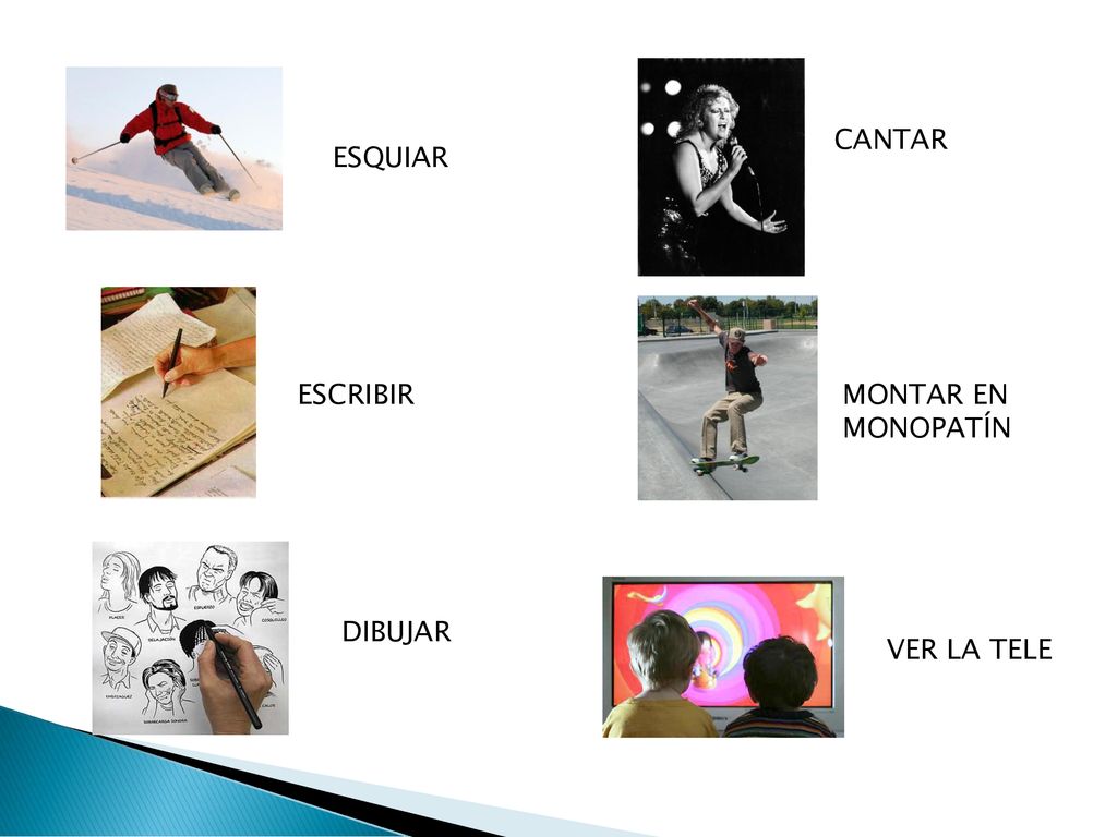 CANTAR ESQUIAR ESCRIBIR MONTAR EN MONOPATÍN DIBUJAR VER LA TELE