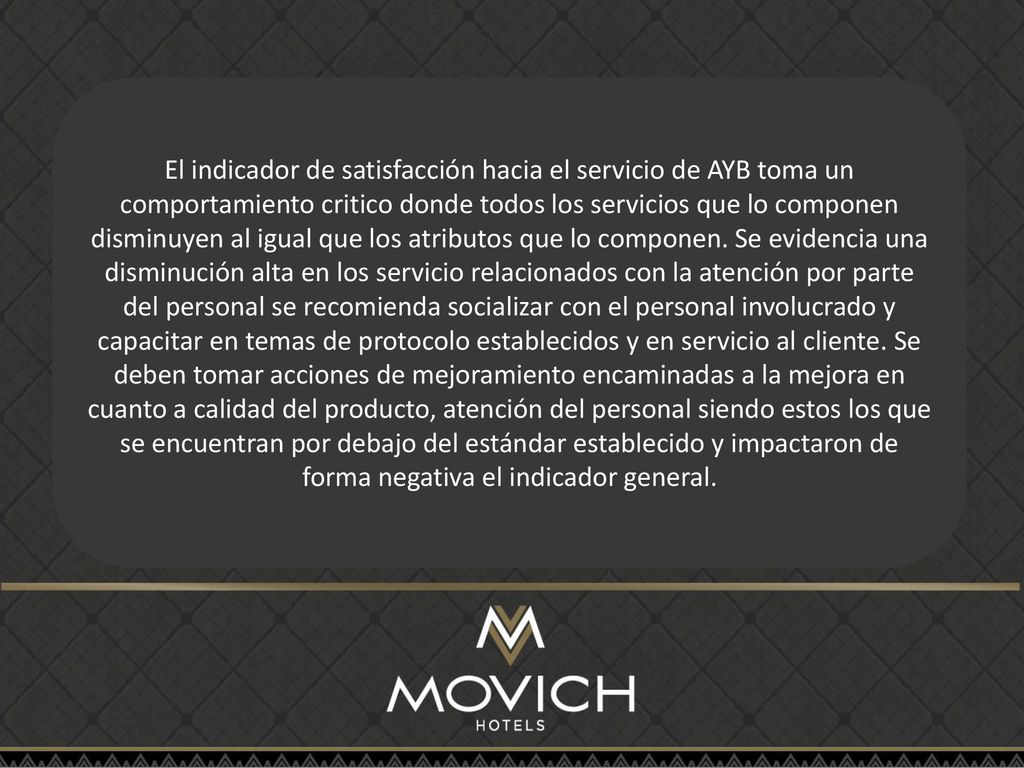 El indicador de satisfacción hacia el servicio de AYB toma un comportamiento critico donde todos los servicios que lo componen disminuyen al igual que los atributos que lo componen.