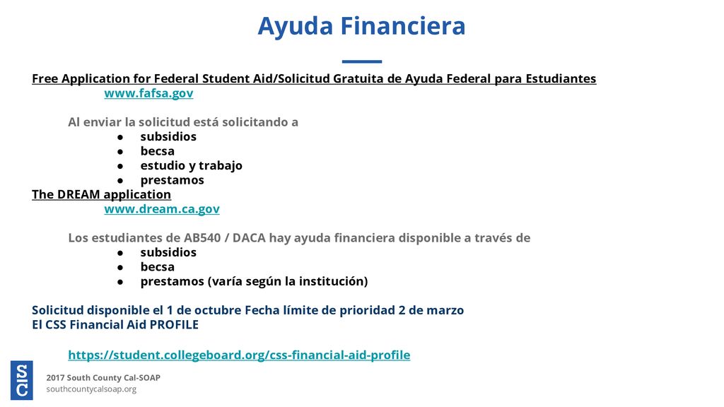Ayuda Financiera Free Application for Federal Student Aid/Solicitud Gratuita de Ayuda Federal para Estudiantes.