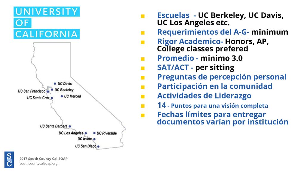Escuelas - UC Berkeley, UC Davis, UC Los Angeles etc.