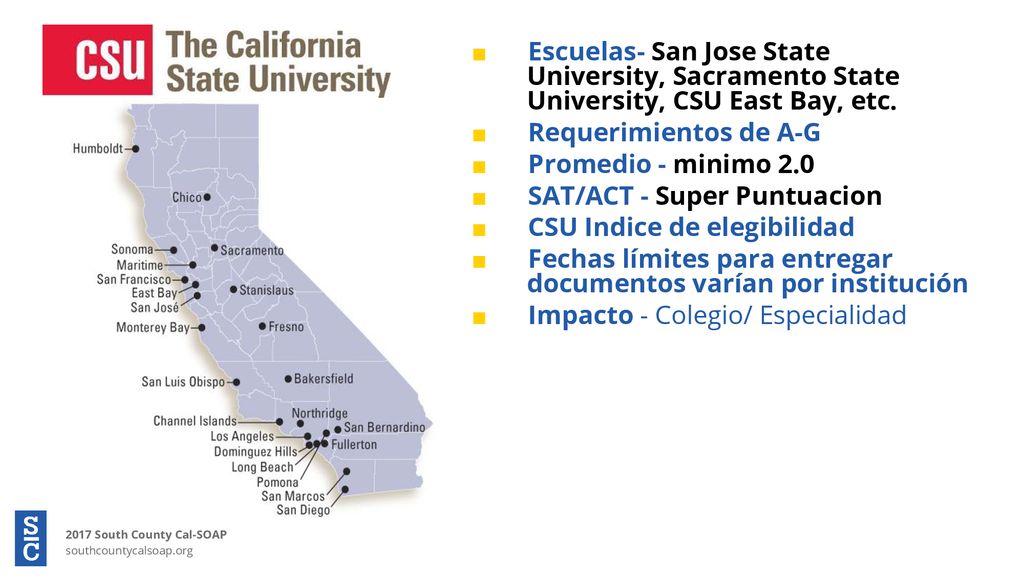 Escuelas- San Jose State University, Sacramento State University, CSU East Bay, etc.