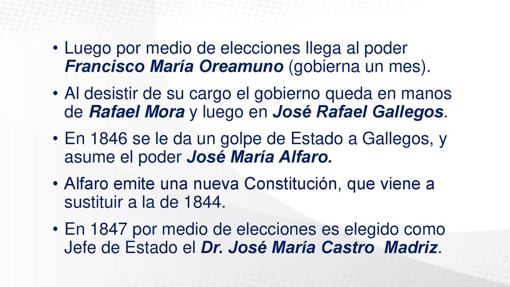 Luego por medio de elecciones llega al poder Francisco María Oreamuno (gobierna un mes).