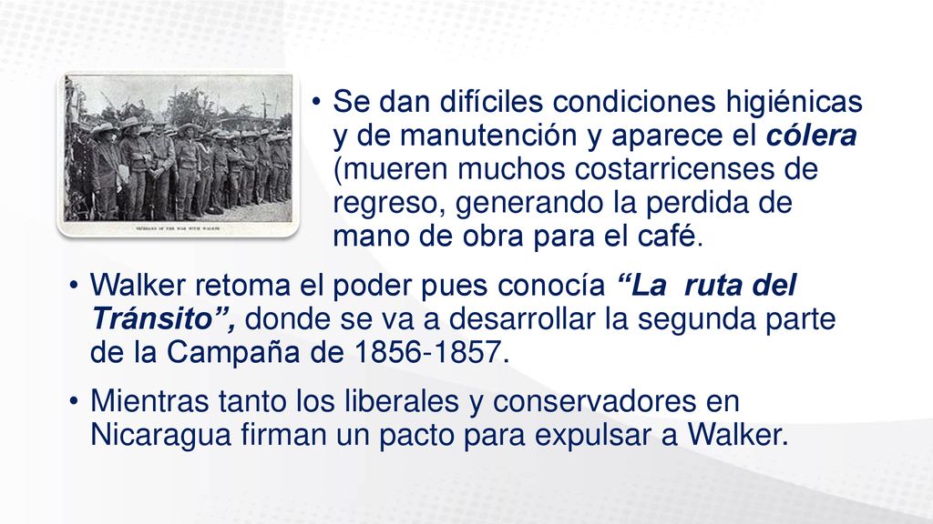 Se dan difíciles condiciones higiénicas y de manutención y aparece el cólera (mueren muchos costarricenses de regreso, generando la perdida de mano de obra para el café.
