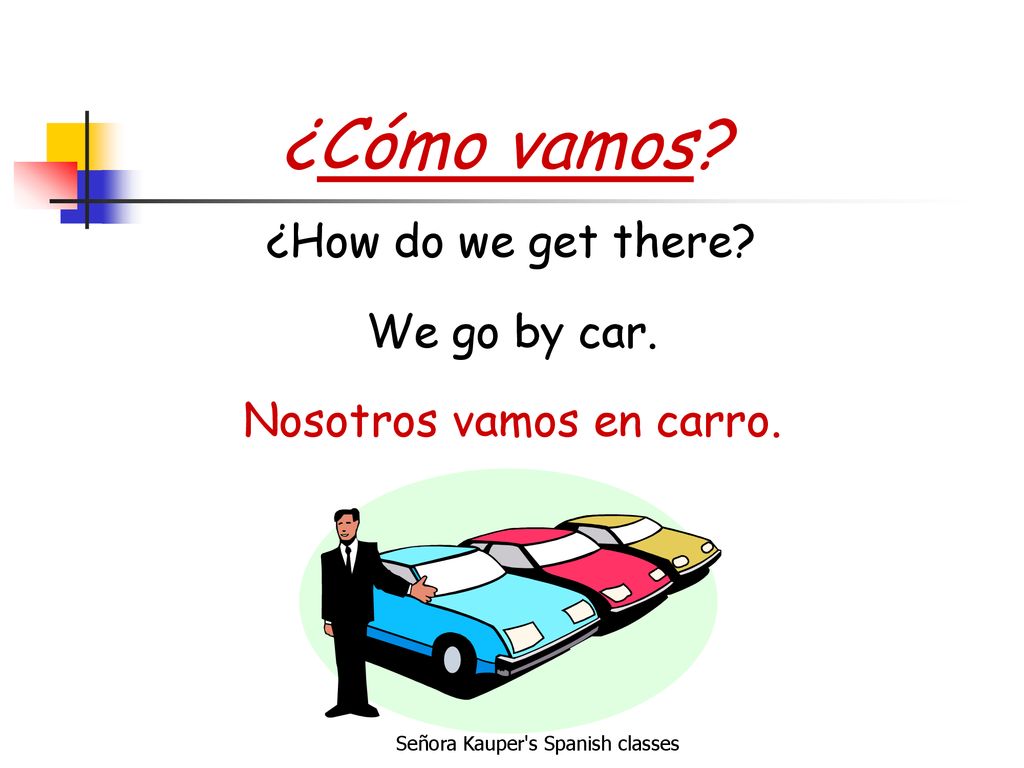 ¿Cómo vamos ¿How do we get there We go by car.
