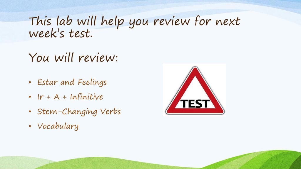 This lab will help you review for next week’s test. You will review: