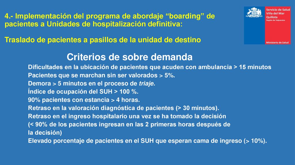 4.- Implementación del programa de abordaje boarding de pacientes a Unidades de hospitalización definitiva: Traslado de pacientes a pasillos de la unidad de destino