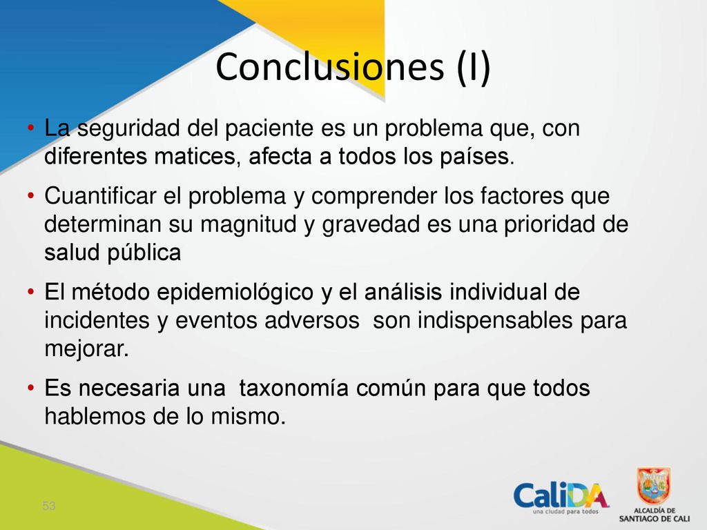 Conclusiones (I) La seguridad del paciente es un problema que, con diferentes matices, afecta a todos los países.