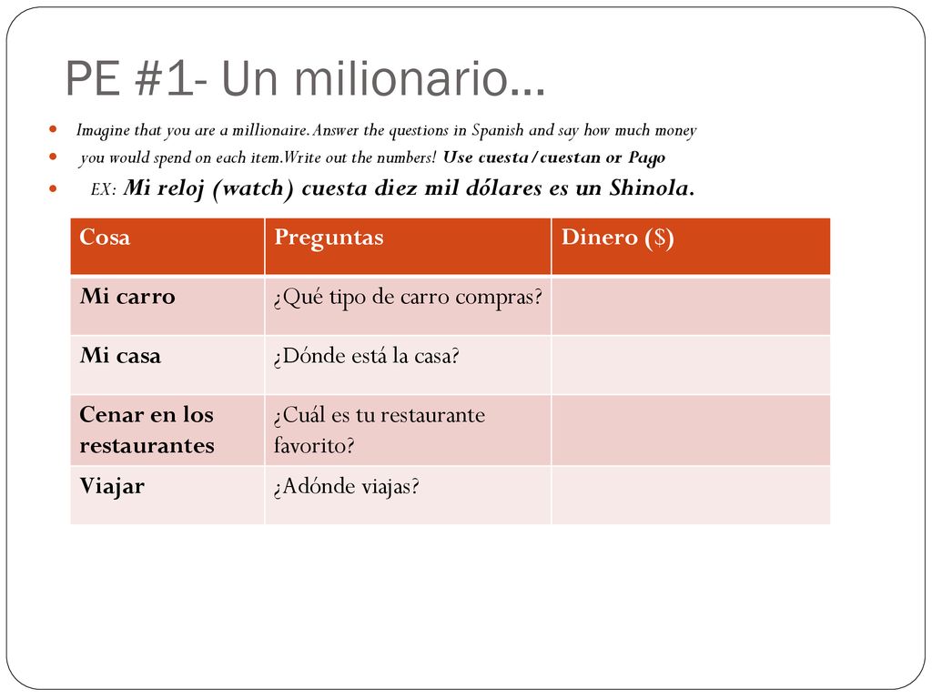 PE #1- Un milionario… Cosa Preguntas Dinero ($) Mi carro